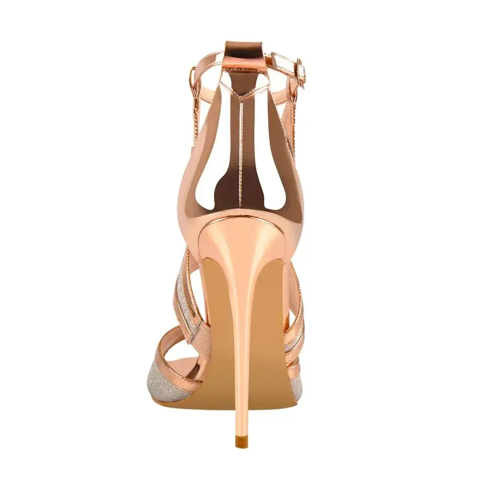 High heels for women, rose gold crystal ankle strap sandals with 11-12 cm thin heels, glamorous and elegant style.