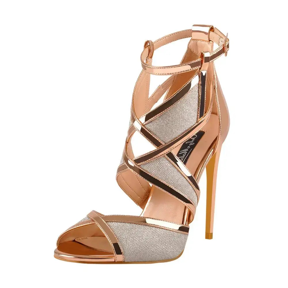 High heels for women, rose gold crystal ankle strap sandals with 11-12 cm thin heels, perfect for glamorous occasions.