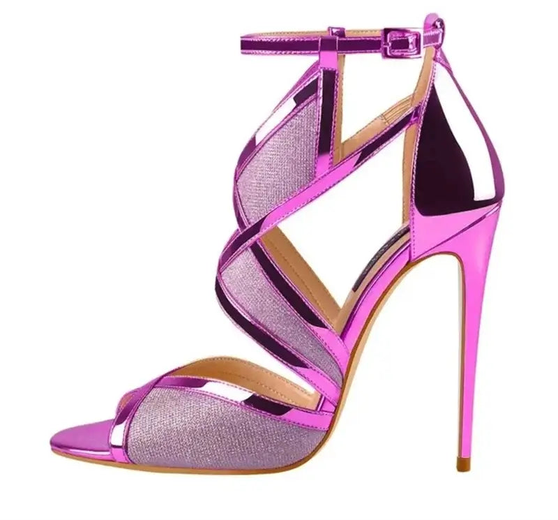 High heels for women, pink crystal ankle strap sandals, 11-12 cm thin heels, elegant and glamorous design.
