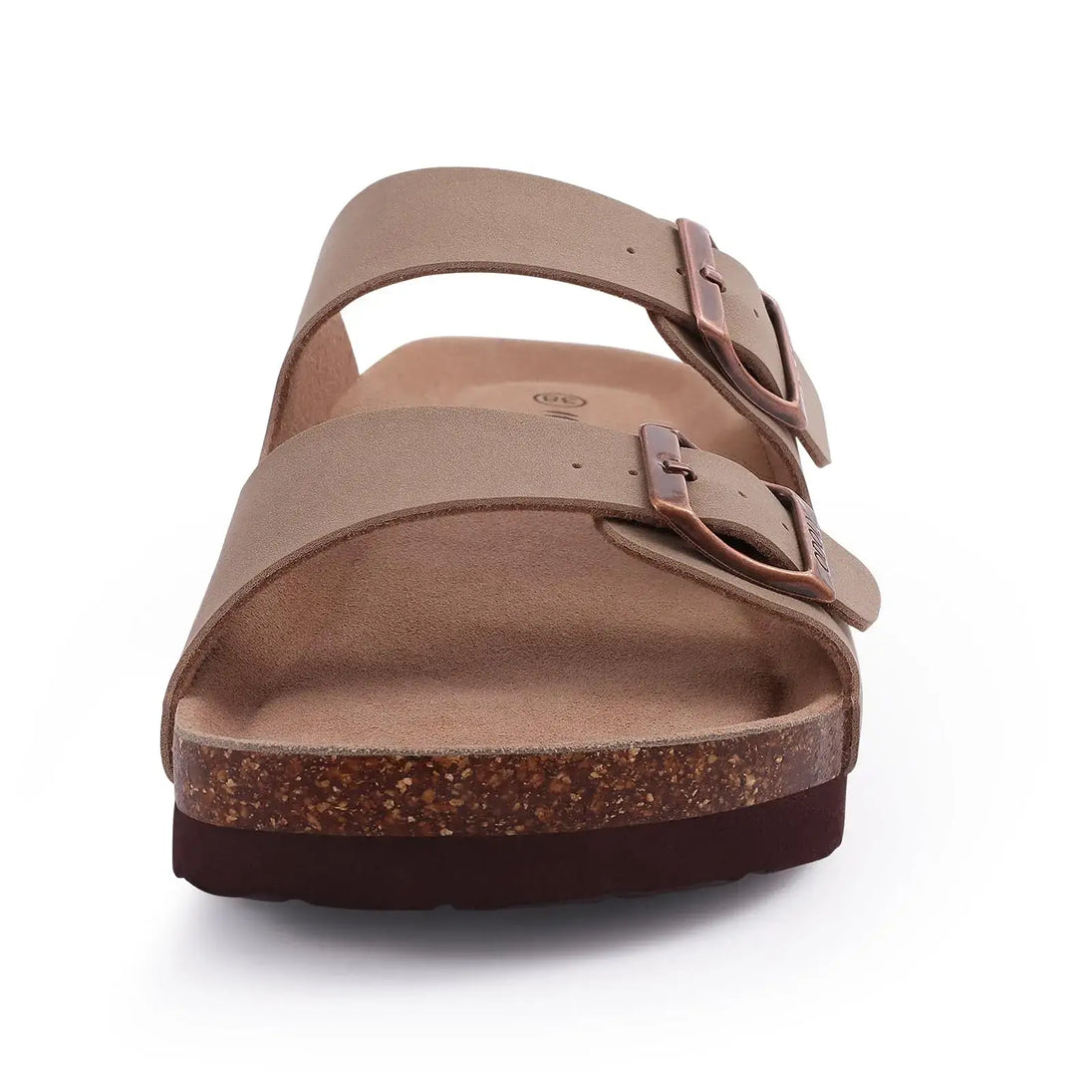 Arizona sandals in beige suede with cork sole, featuring two adjustable buckles, ideal for comfortable summer wear.