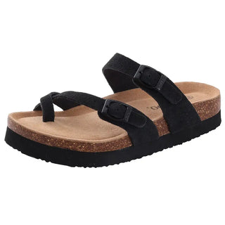 Black suede sandals Arizona with cork sole, perfect for casual summer wear and daily comfort.