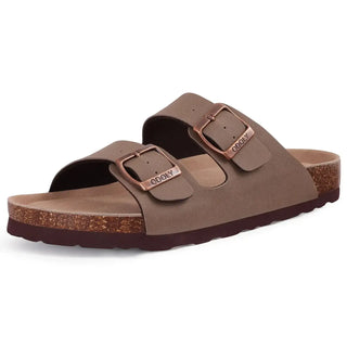 Brown Arizona sandals for women with suede upper, cork sole, slip-on design, perfect for summer comfort and casual wear.