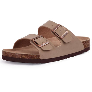 Sandals Arizona, beige suede summer slippers with cork sole, comfortable slip-on design for everyday wear.