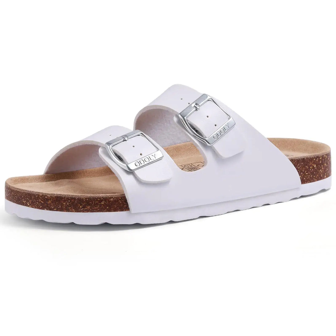 White Arizona sandals for women, featuring suede upper, slip-on style, and cork sole for breathable comfort and durability.