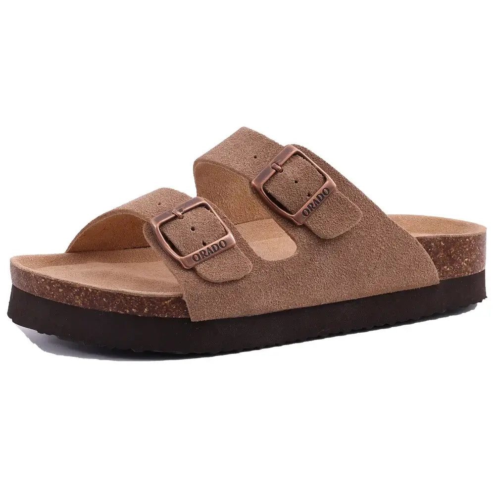 Brown suede sandals Arizona with double buckle design and cork sole for comfort and style.