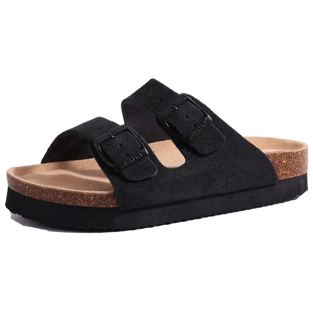 Black suede sandals Arizona with adjustable buckles and cork sole, perfect for relaxed summer comfort.