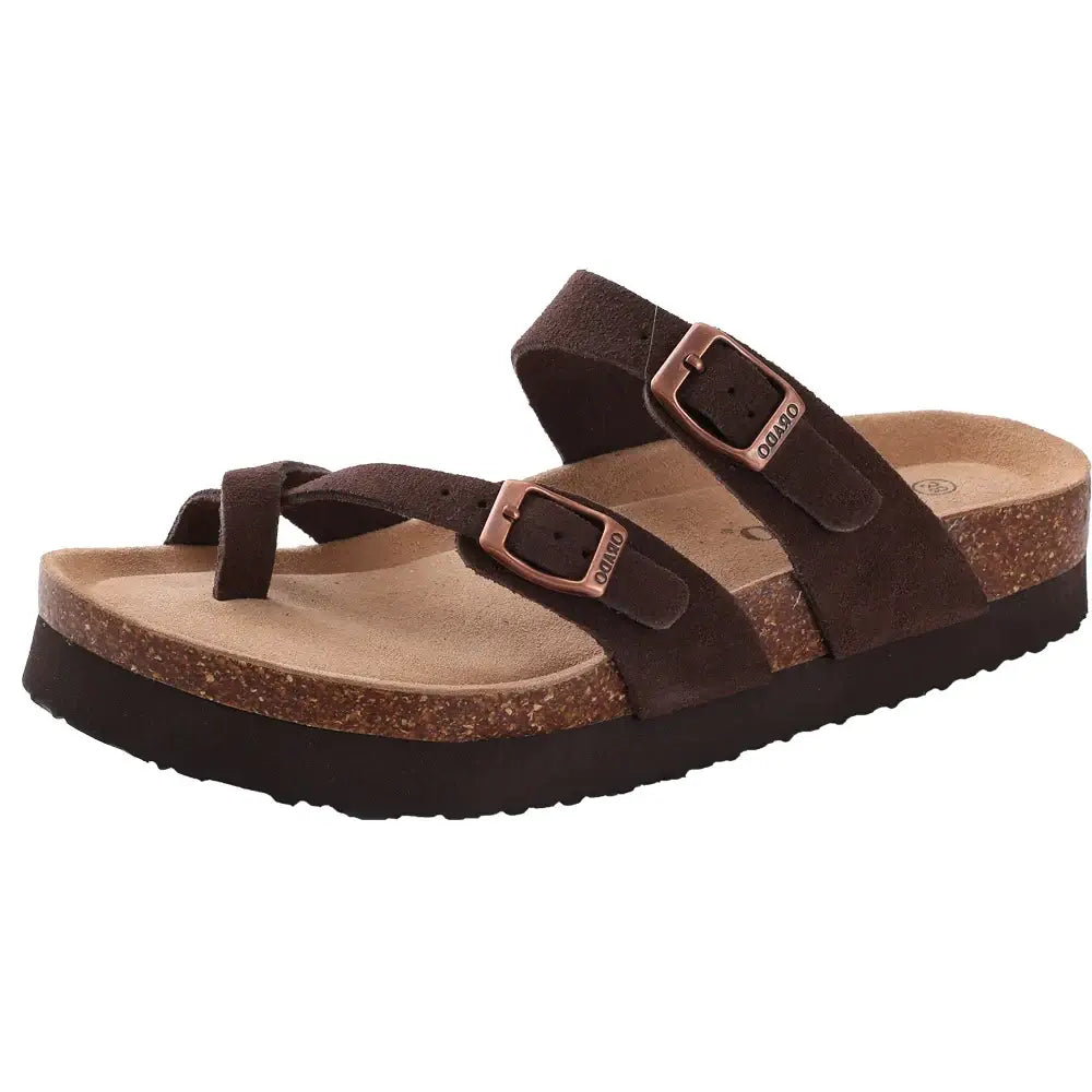 Brown Arizona sandals with cow suede upper, cork sole, and slip-on design for women, perfect for summer wear.