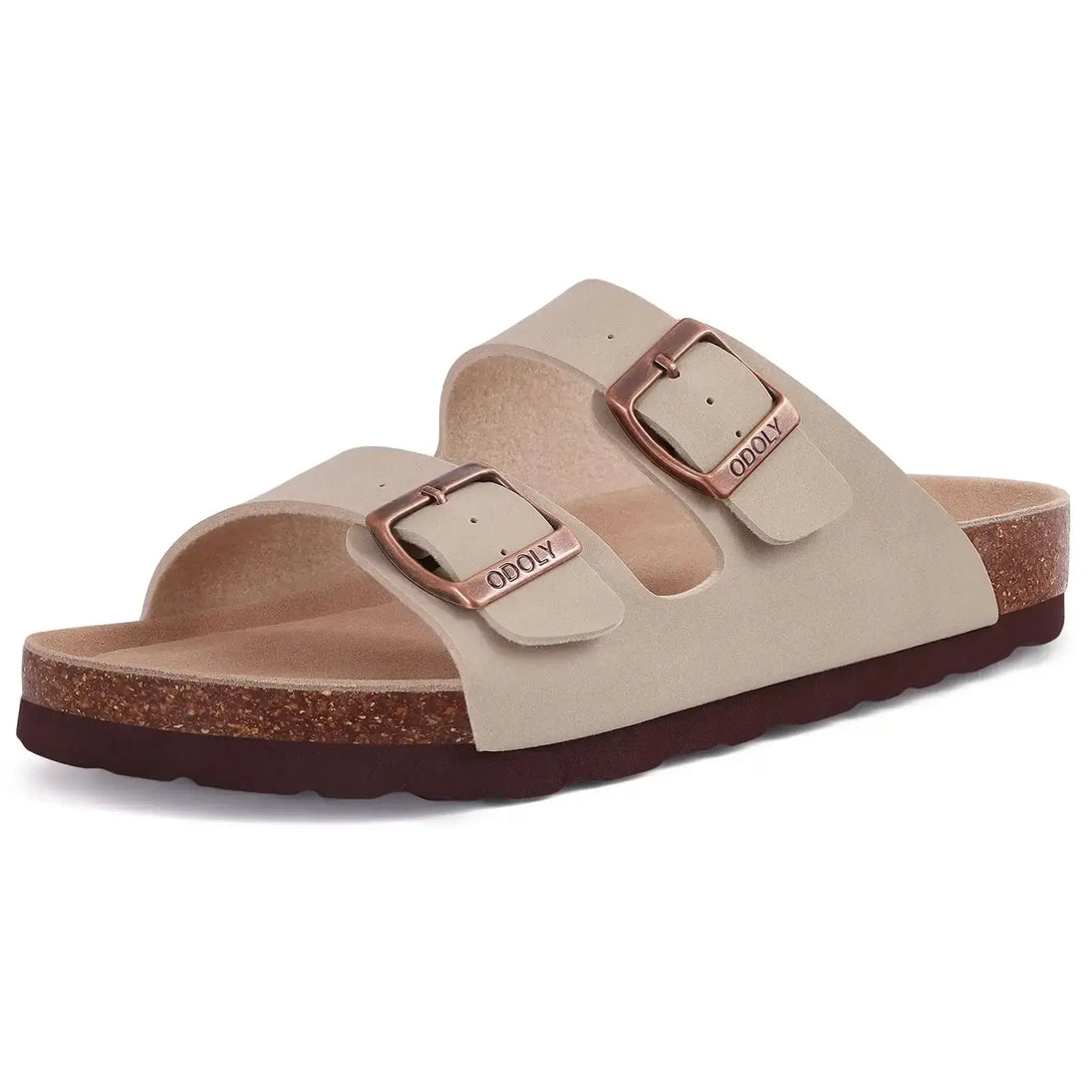 Beige Arizona sandals with double buckle design and cork sole, ideal for summer comfort and casual wear.