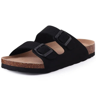Black sandals Arizona with suede upper and cork sole, perfect for comfort and casual summer styling.
