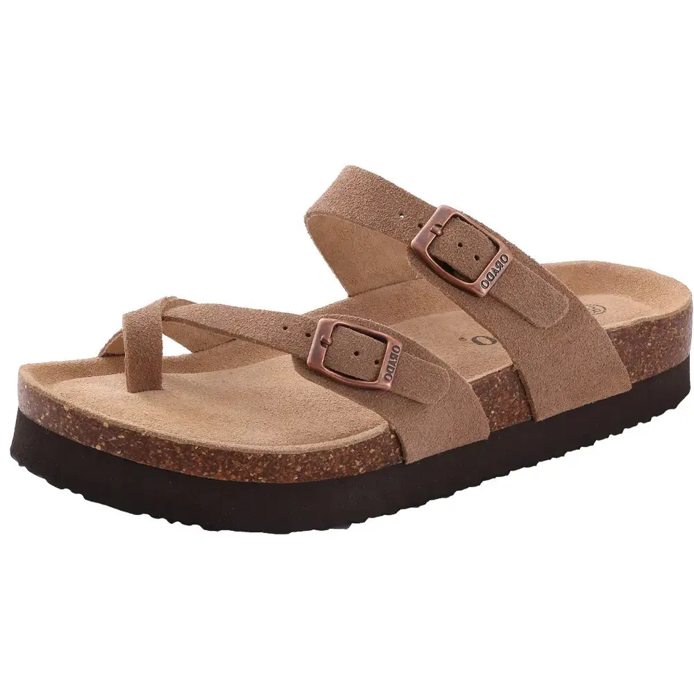 Sandals Arizona in tan suede, women's slip-on slippers with cork sole for comfort and durability.
