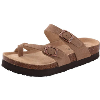 Sandals Arizona in tan suede, women's slip-on slippers with cork sole for comfort and durability.