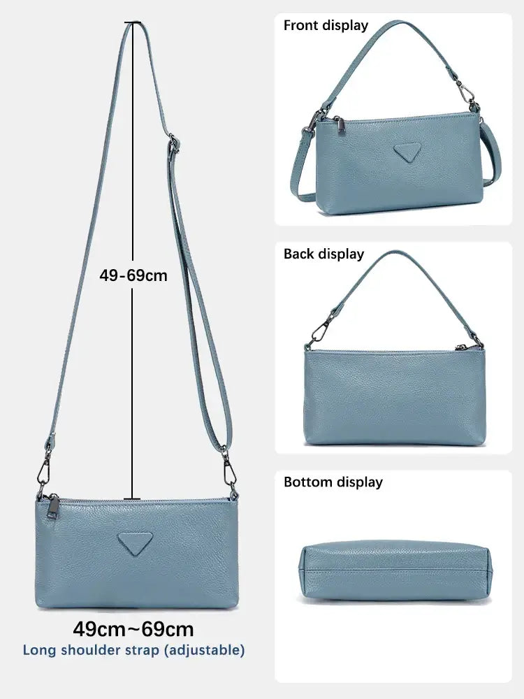 Shoulder Bag Leather in light blue, adjustable strap, sleek envelope-style for everyday and formal use.