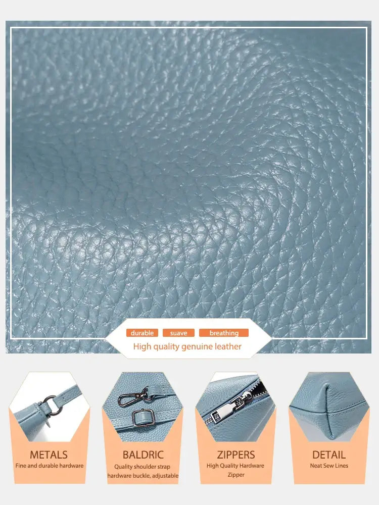 Shoulder Bag Leather in blue, showcasing high-quality genuine leather with durable metallic hardware and zippers.