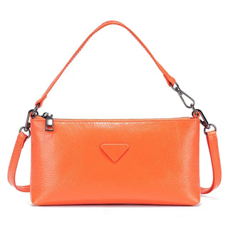 Women’s shoulder bag, orange leather, envelope-style with subtle applique detail for casual and formal occasions.