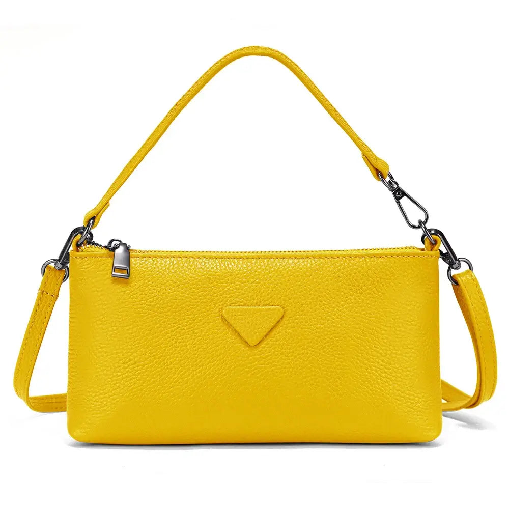 Yellow leather shoulder bag designed for women, featuring stylish silhouette and versatile use.