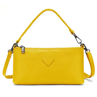 Yellow leather shoulder bag designed for women, featuring stylish silhouette and versatile use.