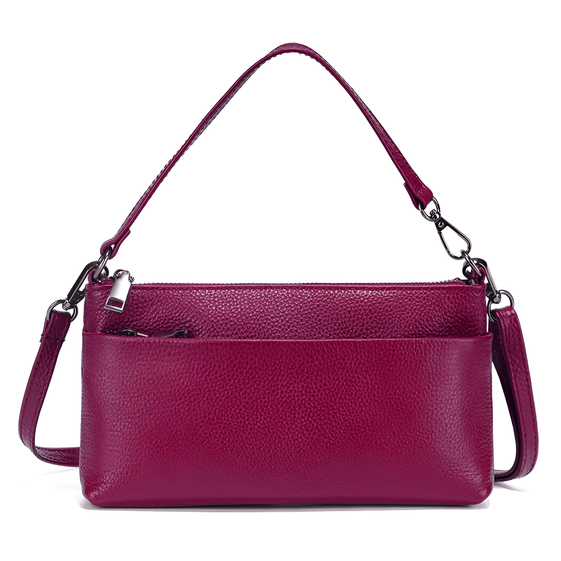 Sophisticated burgundy leather shoulder bag with adjustable strap and zipper pockets for versatile everyday use.