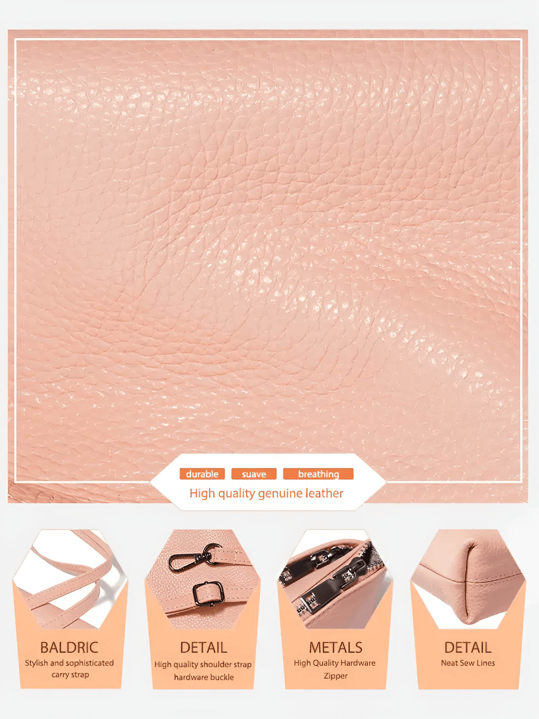 High-quality genuine leather shoulder bag detail in soft pink color showcasing hardware and strap features.