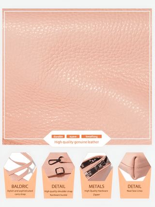 High-quality genuine leather shoulder bag detail in soft pink color showcasing hardware and strap features.
