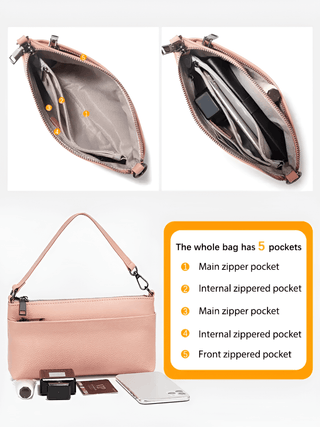 Black leather shoulder bag with interior pockets, featuring main zipper and internal compartments for versatile storage.