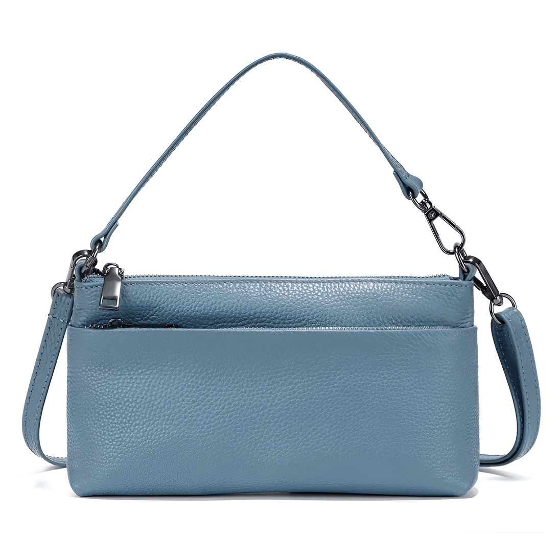 Blue leather shoulder bag, minimalist design, versatile style for women, perfect for any occasion.