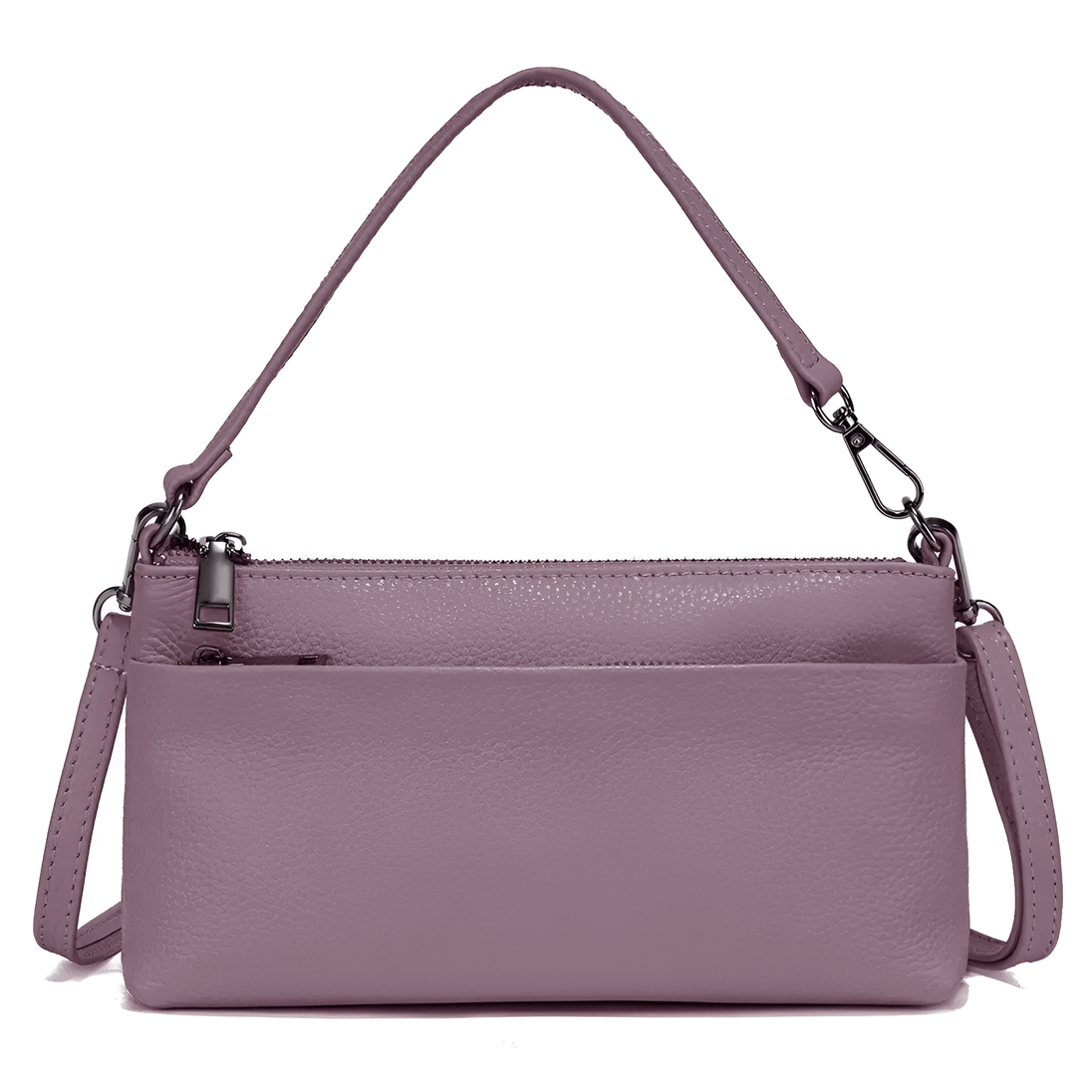Purple leather shoulder bag with zip closure and detachable strap, perfect for casual and formal occasions.