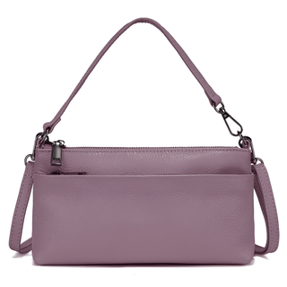 Purple leather shoulder bag with zip closure and detachable strap, perfect for casual and formal occasions.