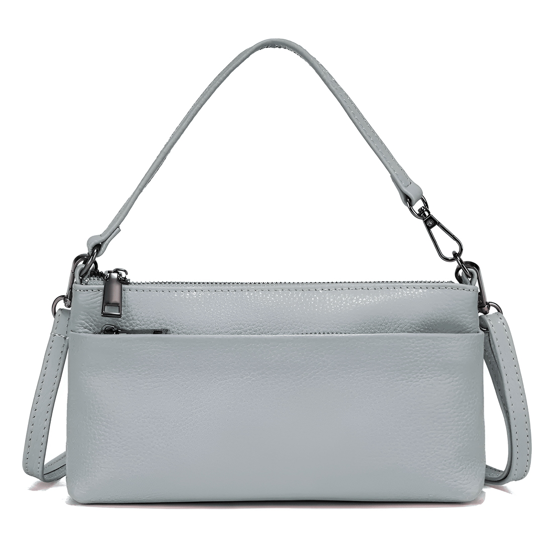 Light blue leather clutch bag with adjustable strap, perfect for a sophisticated, minimalist style.