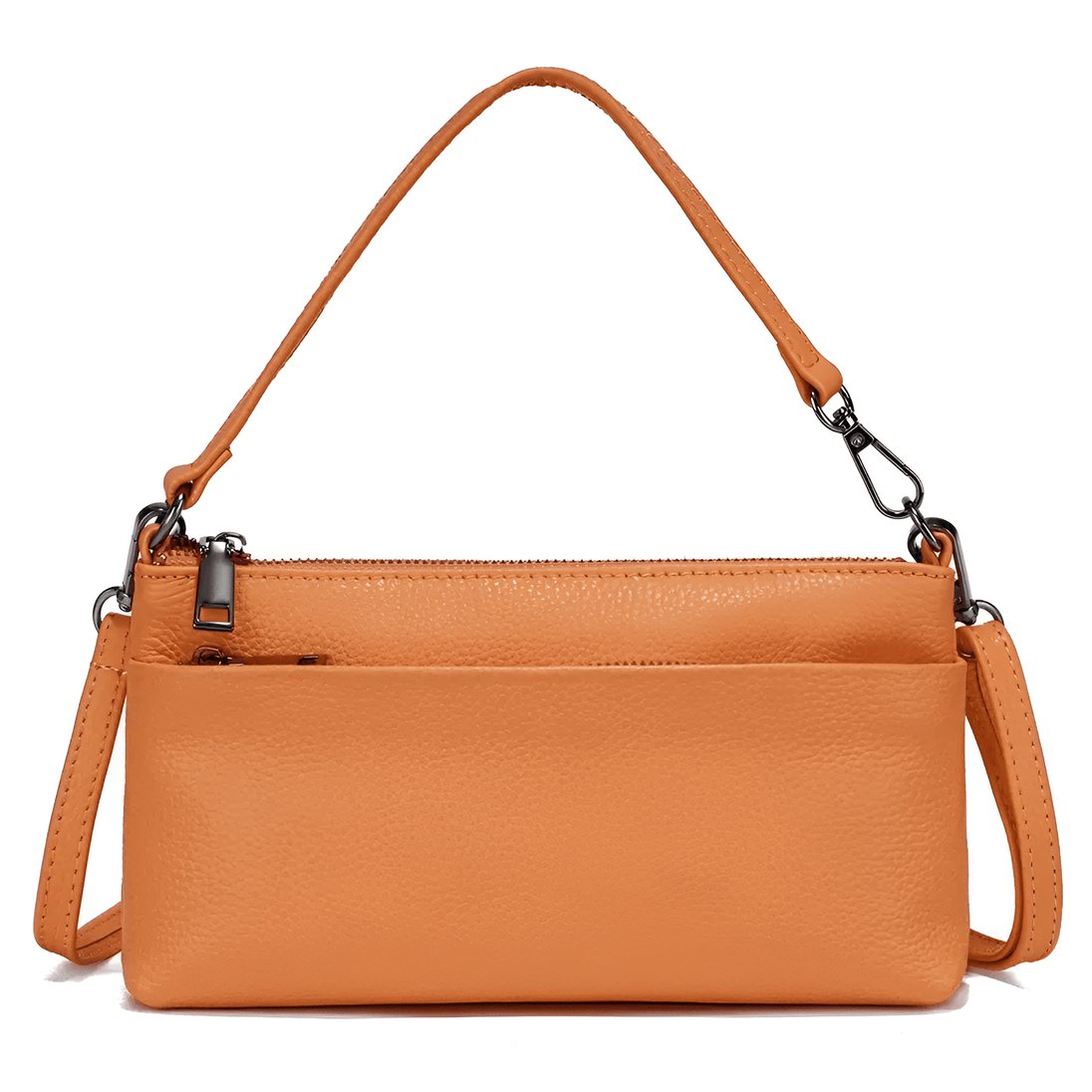 Orange leather shoulder bag with adjustable strap, stylish and versatile for casual and formal occasions.