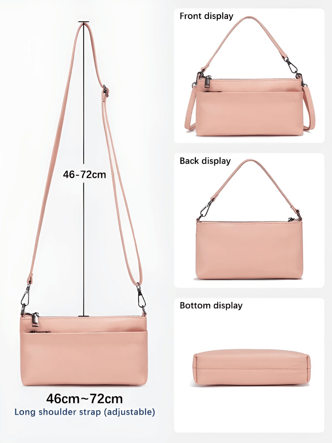 Adjustable shoulder strap leather bag in light pink, displaying front, back, and bottom views.