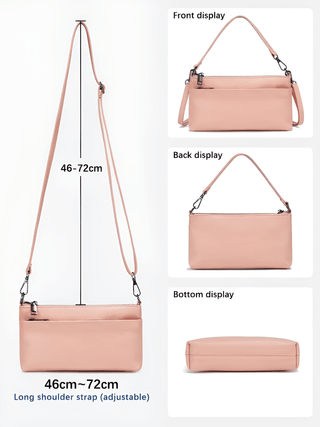 Adjustable shoulder strap leather bag in light pink, displaying front, back, and bottom views.
