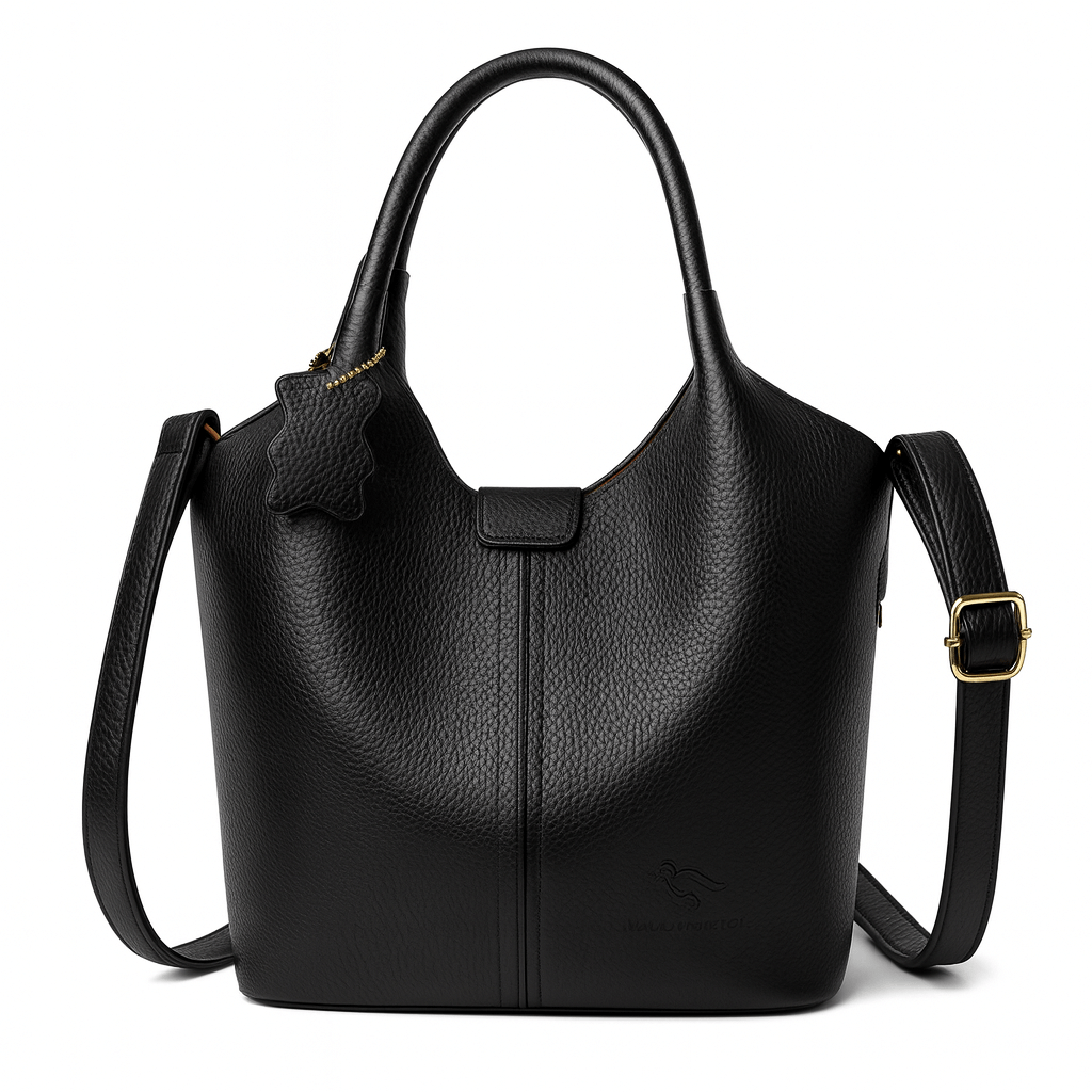 Stylish black shoulder bag made from durable microfiber synthetic leather with a chic design and comfortable handles.