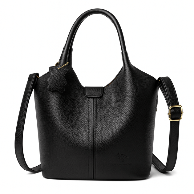 Stylish black shoulder bag made from durable microfiber synthetic leather with a chic design and comfortable handles.