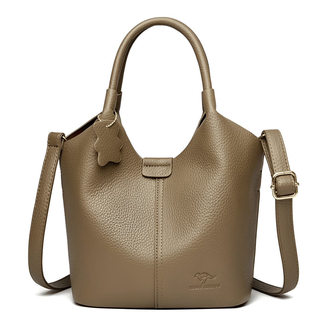 casual shoulder bag in soft taupe leather, versatile women's handbag for everyday use