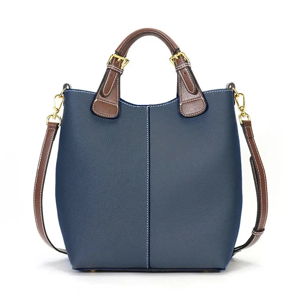 Shoulder Bag Leather - Solid Blue and Brown Premium Quality Bucket Bag for Women, Handmade and Spacious