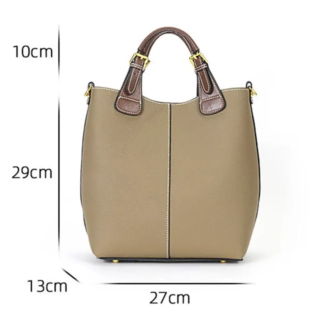 Shoulder Bag Leather - Solid Premium Quality, beige bucket bag with brown accents, 29x27cm, stylish and practical for women.