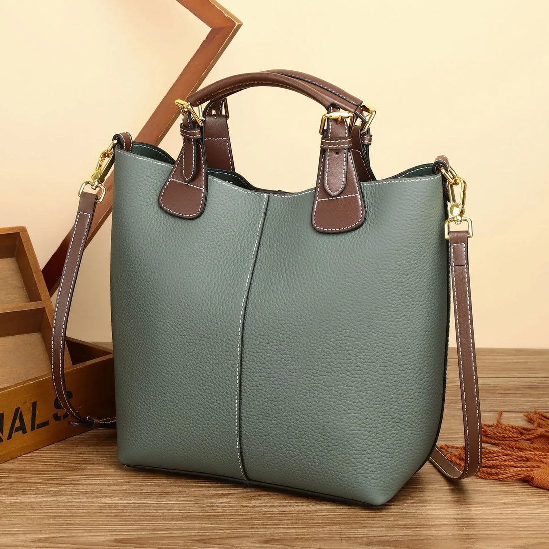 Shoulder Bag Leather - Solid Premium Quality in green with brown accents, spacious and stylish bucket design for women