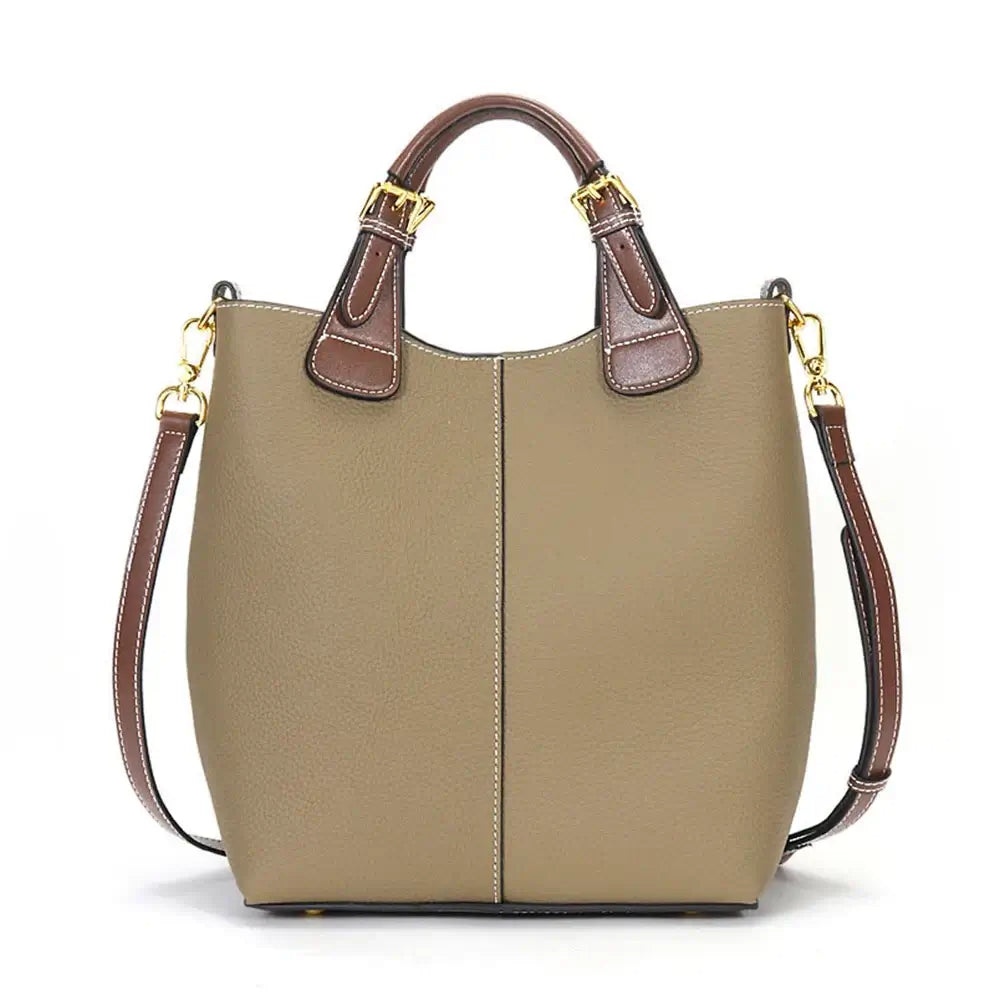 Shoulder bag leather, brown and beige, premium quality, spacious bucket bag for stylish and practical women.