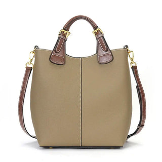 Shoulder bag leather, brown and beige, premium quality, spacious bucket bag for stylish and practical women.