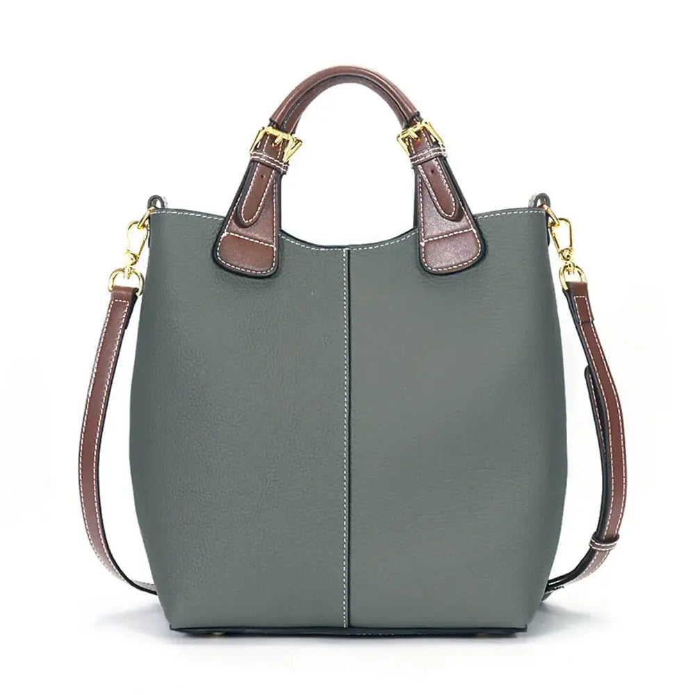 Shoulder Bag Leather - Solid Premium Quality in olive green, versatile bucket design with gold accents for women.