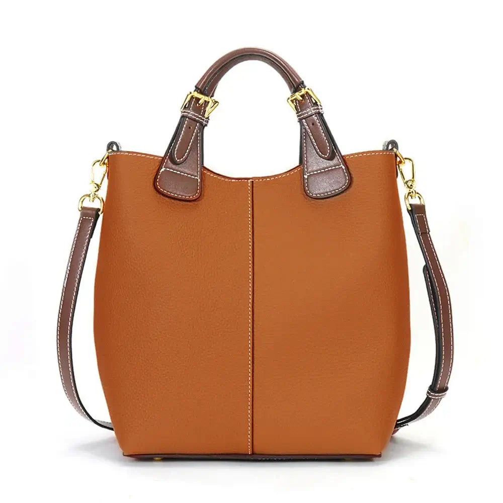 Shoulder Bag Leather - Solid Premium Quality, brown bucket bag with gold accents, perfect for everyday use.