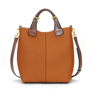 Shoulder Bag Leather - Solid Premium Quality, brown bucket bag with gold accents, perfect for everyday use.