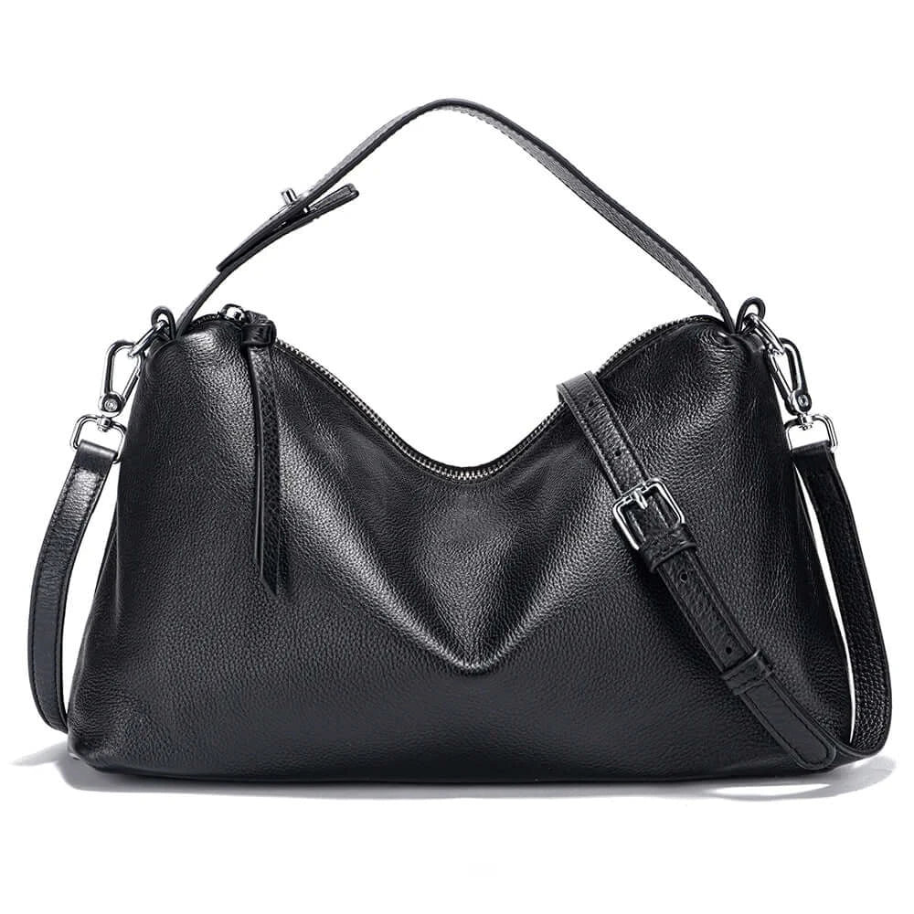 Black leather shoulder bag with slouchy design, durable materials, and chic accents for everyday style.