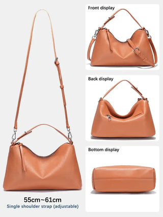 Black leather shoulder bag featuring adjustable strap, showcasing front, back, and bottom views.