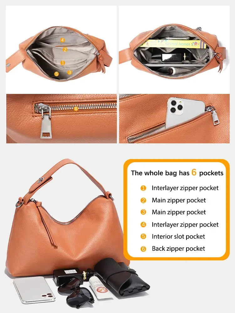 Leather shoulder bag in orange showing spacious interior with 6 pockets, including main and interlayer zipper pockets.