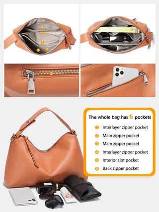 Leather shoulder bag in orange showing spacious interior with 6 pockets, including main and interlayer zipper pockets.