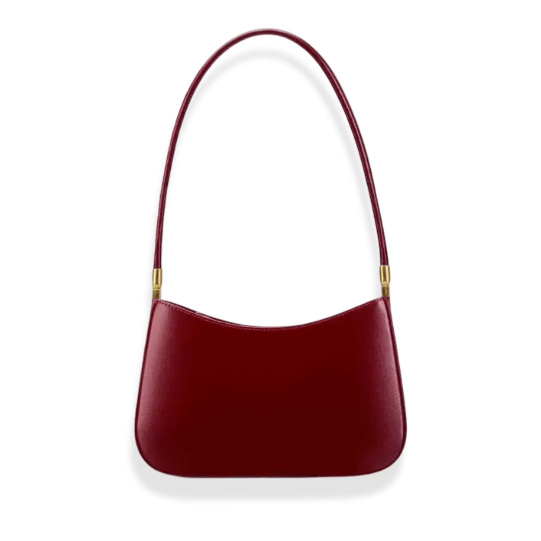 Genuine leather shoulder bag in burgundy, chic and compact design for stylish women, perfect for daily and special occasions.