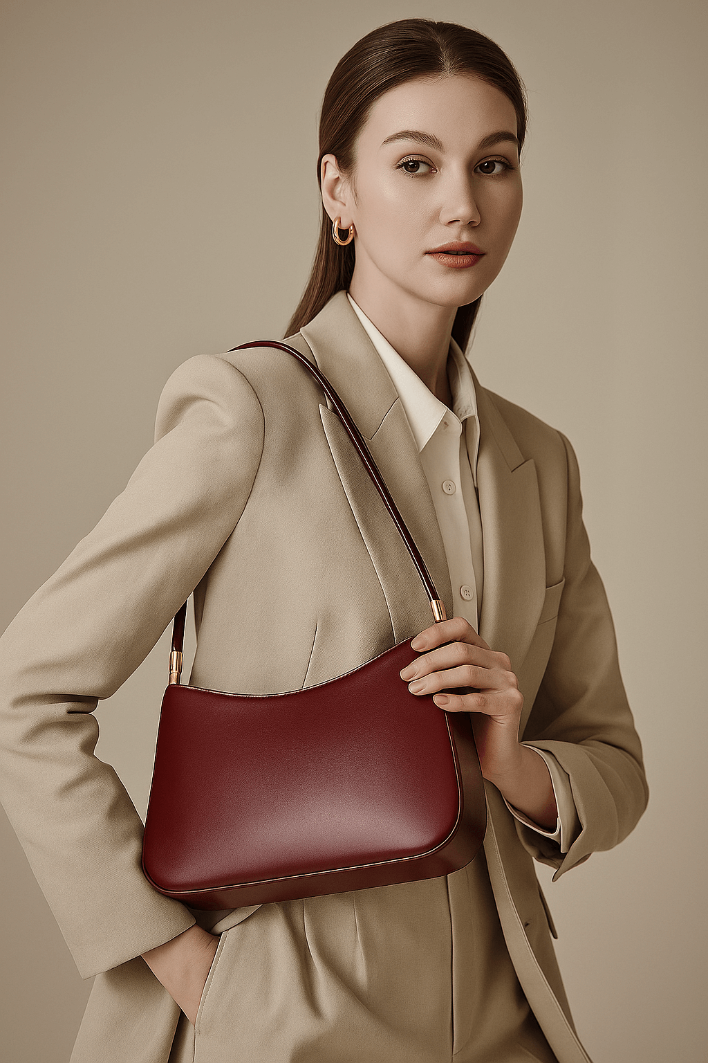Chic burgundy shoulder bag made of genuine leather, perfect for stylish daily wear and special occasions.