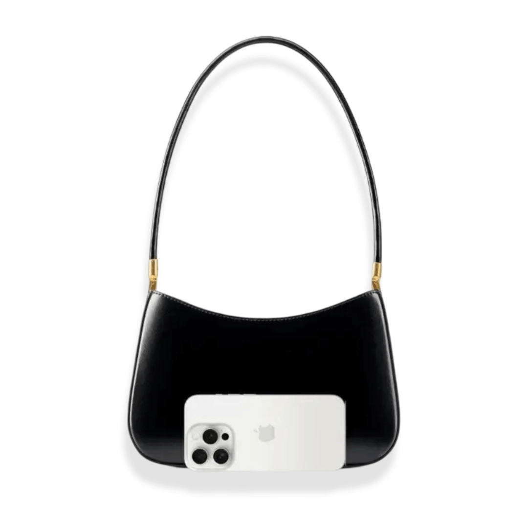 Black shoulder bag made of genuine leather with a sleek design, perfect for stylish everyday wear.