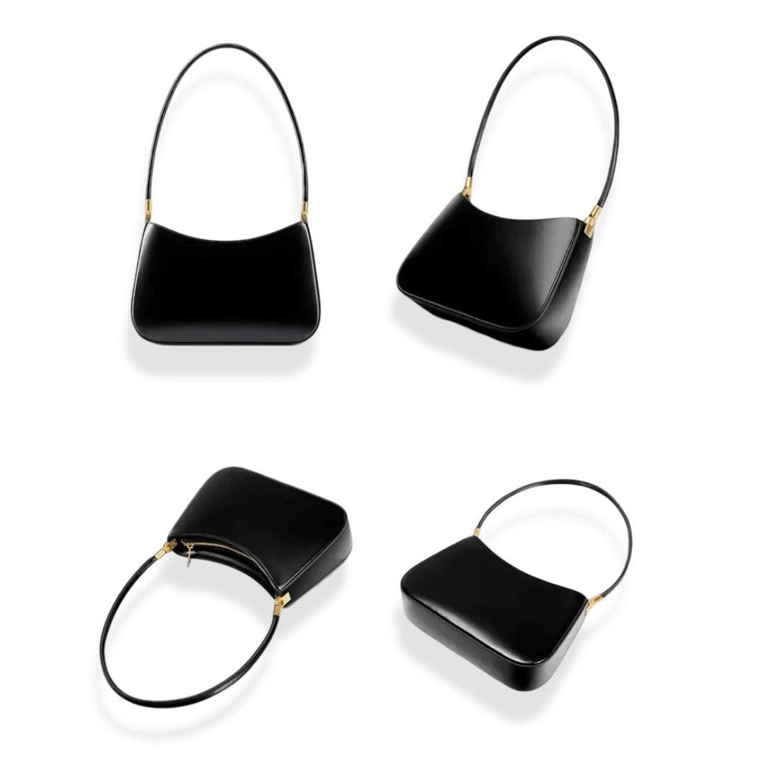 Black shoulder bag made of genuine leather, featuring a chic and minimalist design, ideal for everyday and special occasions.